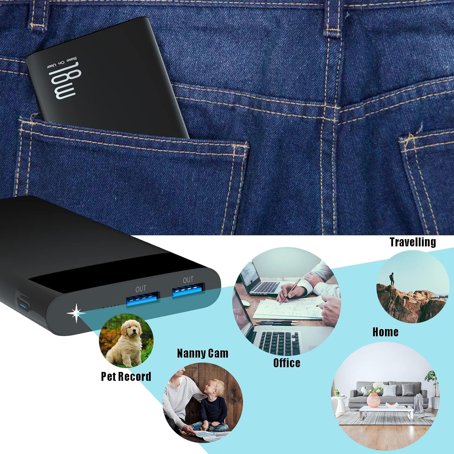 Lizvie 10000mAh Power Bank, Portable Smart WiFi(2.4G only) Camera HD 120 Degree Lens Angle Motion Detection Cam