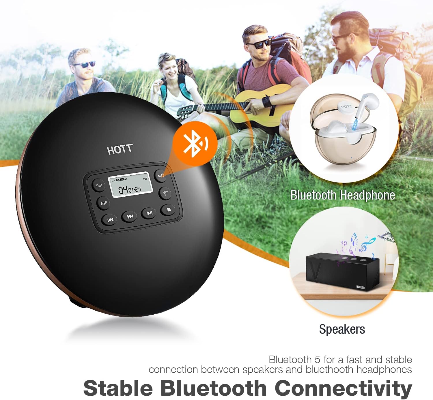 HOTT CD711T Bluetooth Rechargeable Portable CD Player for Home Travel and Car with Stereo Headphones and, Anti Shock Protection-Black