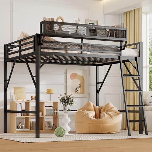 Full Size Loft Bed with Stairs and Storage, Metal Loft Bed Frame with Bedside Shelf and Large Under-Bed Space, Heavy-Duty Bed for Adults Teens and Kids, Black