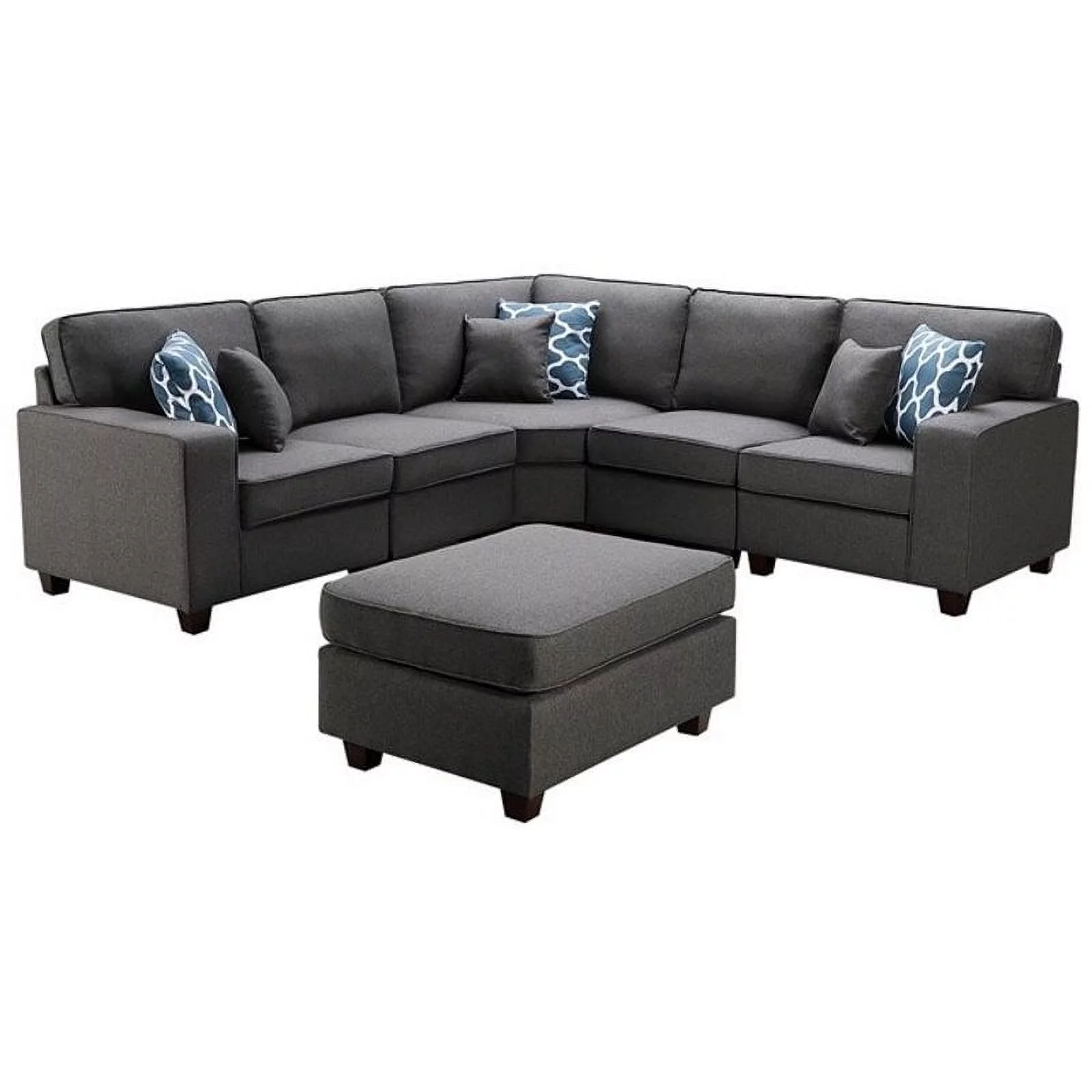 BOWERY HILL Casual Contemporary Linen 6Pc Modular Sectional Sofa with Ottoman and 6 Accent Pillows in Gray