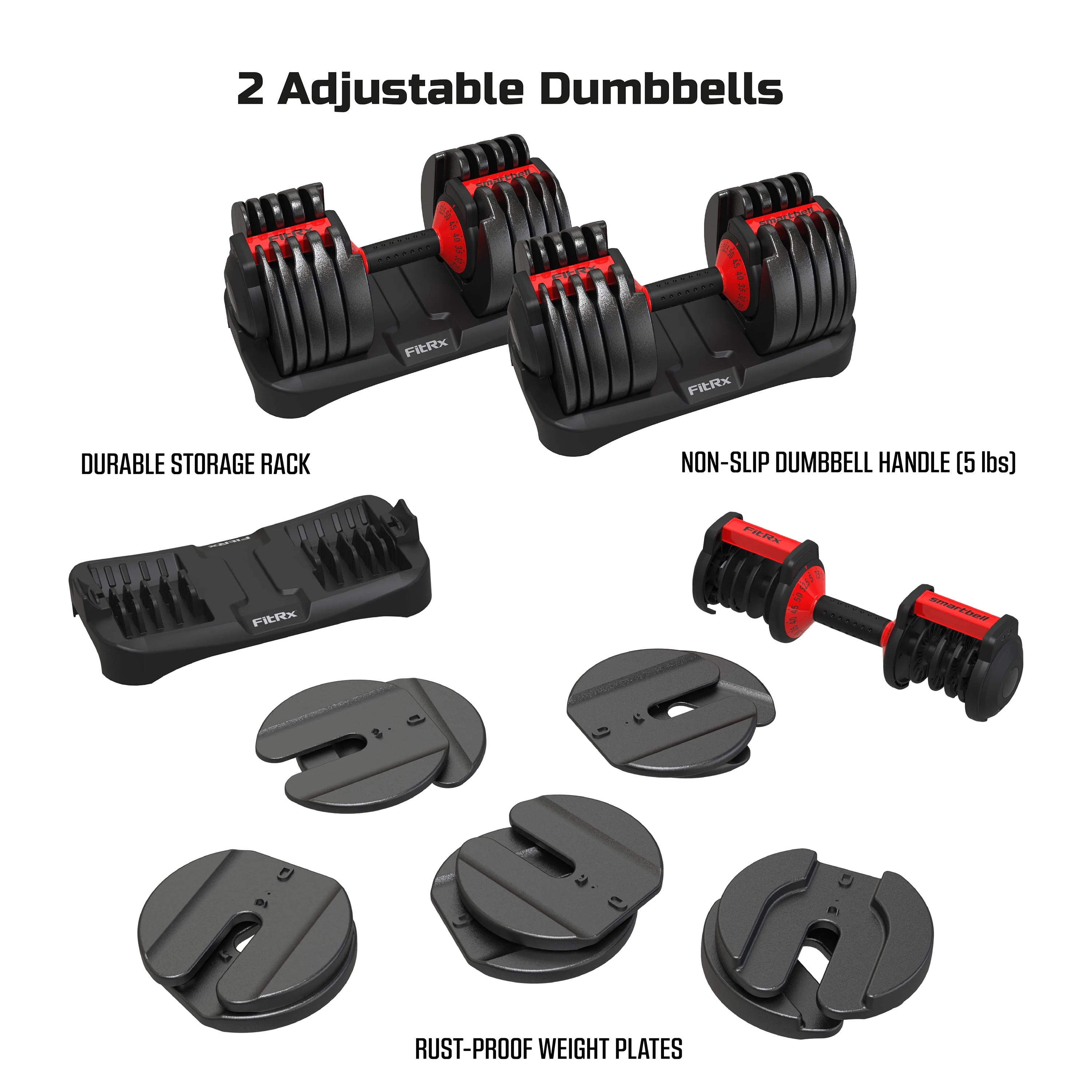 FitRx SmartBell, Quick-Select Adjustable Dumbbell, 5-52.5 lbs. Weight, Black, Single