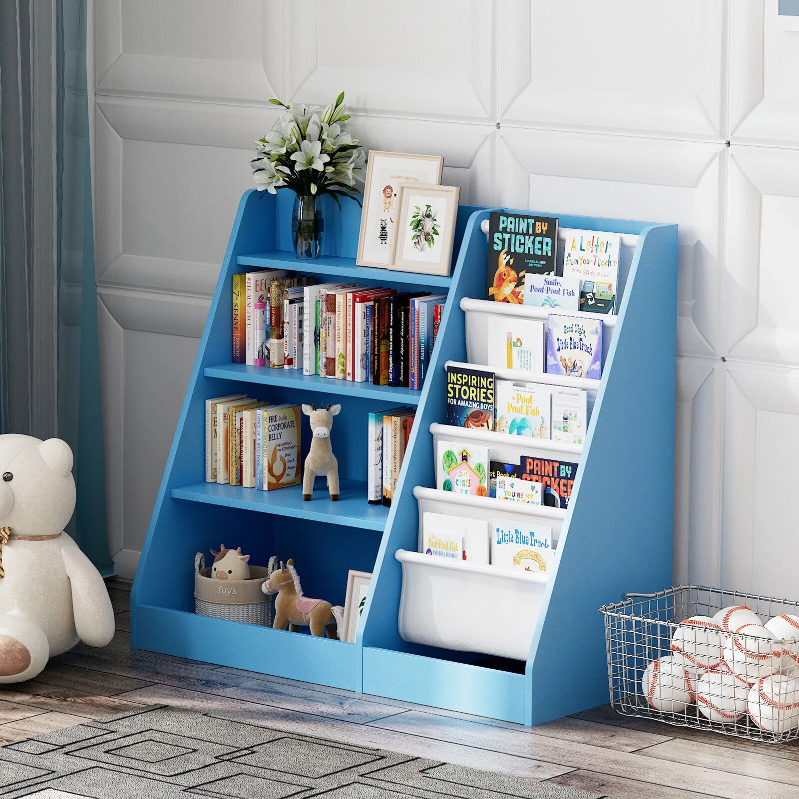 Kids Wooden Bookshelf,5-Layer Sling Bookcase,Storage Display Rack Toy Organizer Cabinet,for Kids Toddlers,Bedroom,Nursery,Blue