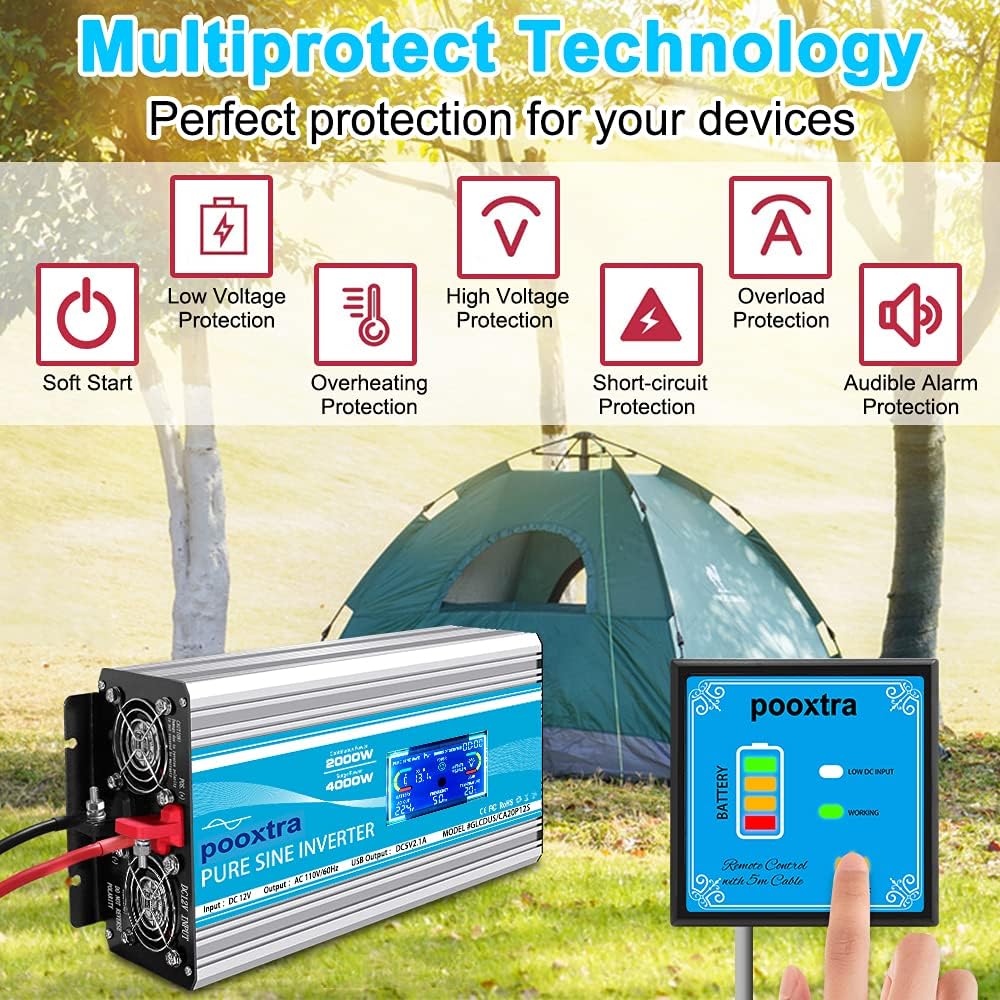 2000 Watt Pure Sine Wave Inverter 12V DC to 110V/120V AC Power Converter with LCD Display & USB Port +4 AC Outlets Car Power for Home RV Trucks Car Emergency to Use(4000 Peak Power)