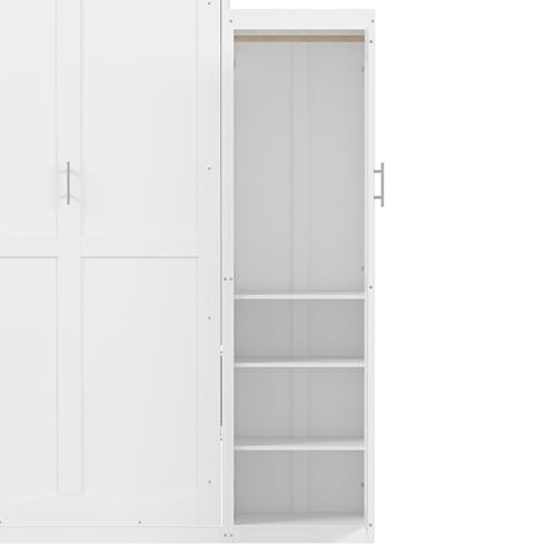 KLMM Wooden Murphy Bed Wall Bed with 2 Wardrobe and Storage Shelf,Foldable Platform Bedframe for Guest-Room Bedroom Study Office Use (White#E, Full)
