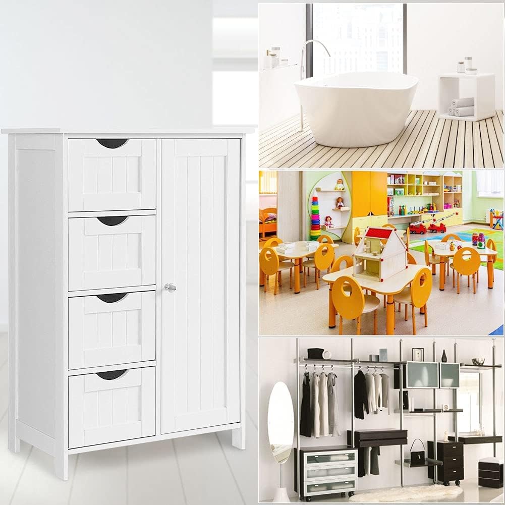 BINLINGO Floor Storage Cabinet, Wooden Bathroom Cabinet with 1 Door & 4 Drawer, Free Standing Entryway Cupboard Cabinet, White