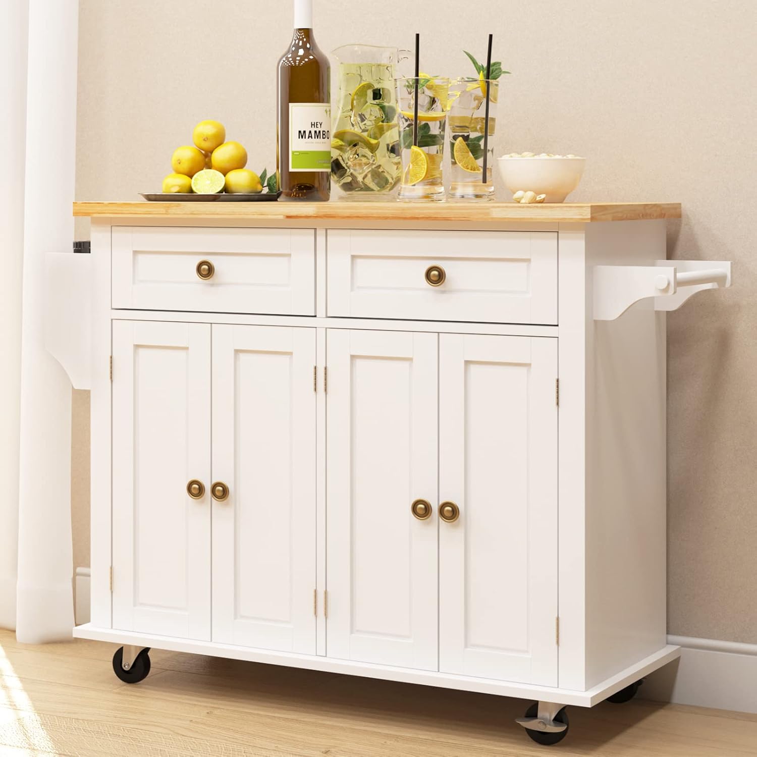 soges Rolling Kitchen Island Cart with Storage, Wood Trolley Cart with Spice and Towel Rack, Mobile Kitchen Storage Cabinet Island Table on Wheels, Serving Cart with Cabinet and Drawers,FZSR-HT01WT