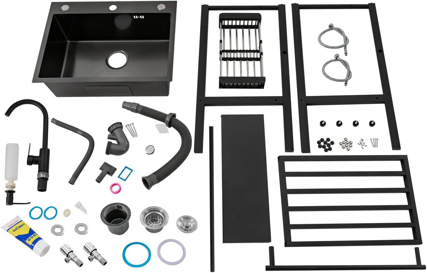 Stainless Steel Utility Sink,Free Standing Single Bowl Kitchen Sink with Cold and Hot Faucet Water Pipe kit,Stainless Steel Sink for Laundry Room,Garage,Basement,Outdoor Indoor Sink