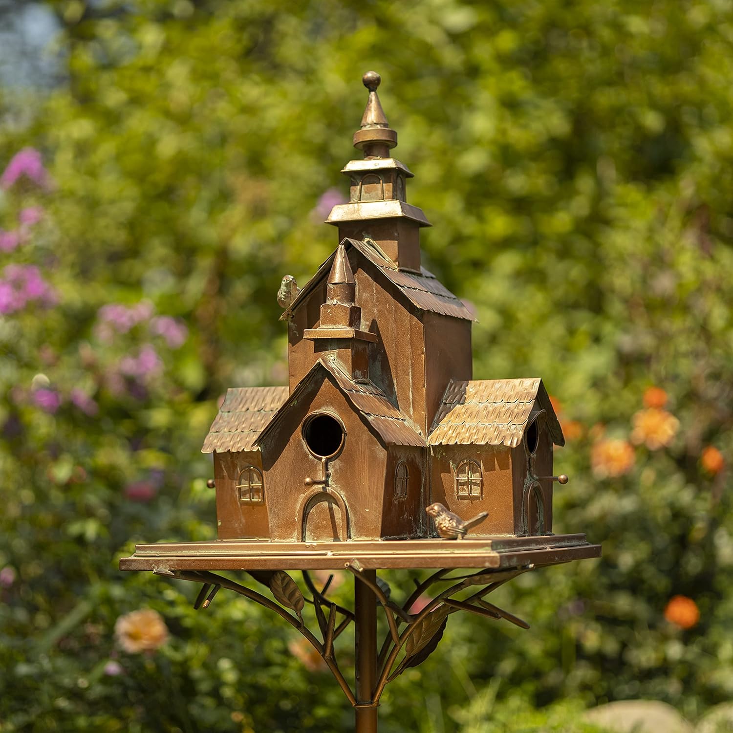 Zaer Ltd. Large Copper Colored Multi-Birdhouse Stakes, Room for 4 Bird Families in Each (Castle Home)