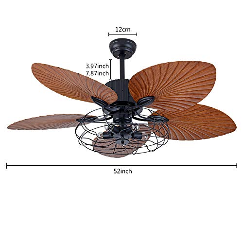 TOWOHIPPKI 52'' Tropical Ceiling Fans with 5 Palm Leaf Blades, 52 Inch Palm Leaf Fanlight with with Light and Remote, Hand-Carved Reversible Blades Chandelier Fan For Living Room Bedroom