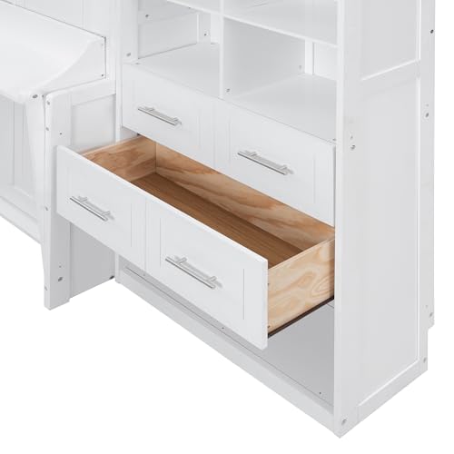 KLMM Wooden Murphy Bed Wall Bed with 2 Wardrobe and Storage Shelf,Foldable Platform Bedframe for Guest-Room Bedroom Study Office Use (White#E, Full)
