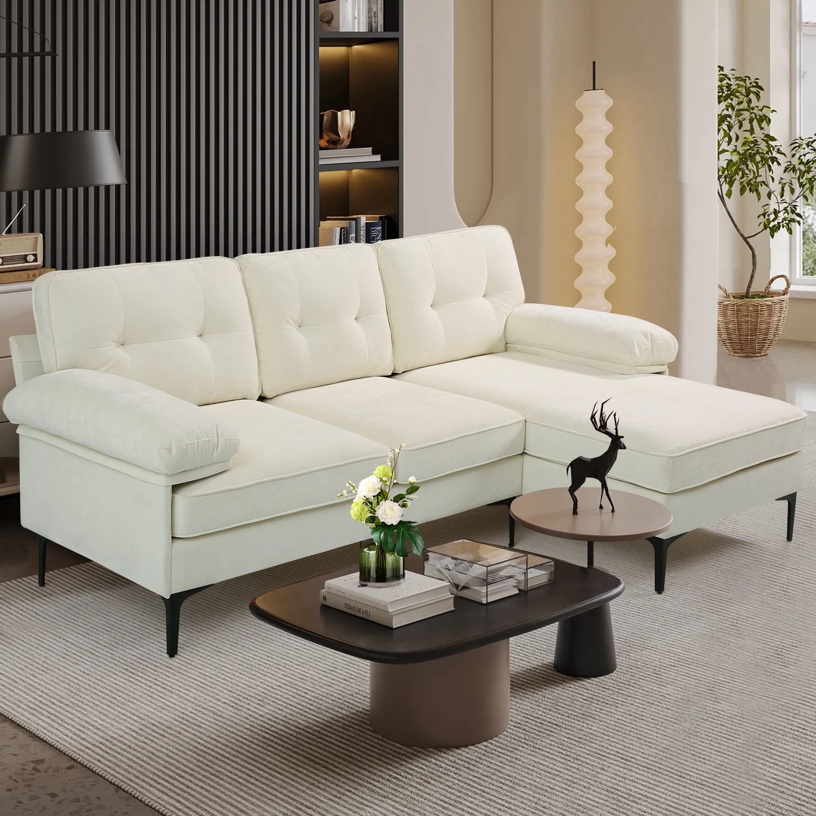 INGALIK Convertible Sectional Sofa Couch, Convertible L Shaped Couch with Reversible Chaise, Sectional Couch for Small Space Apartment, 3 Seater, White - Curated Treasures Market