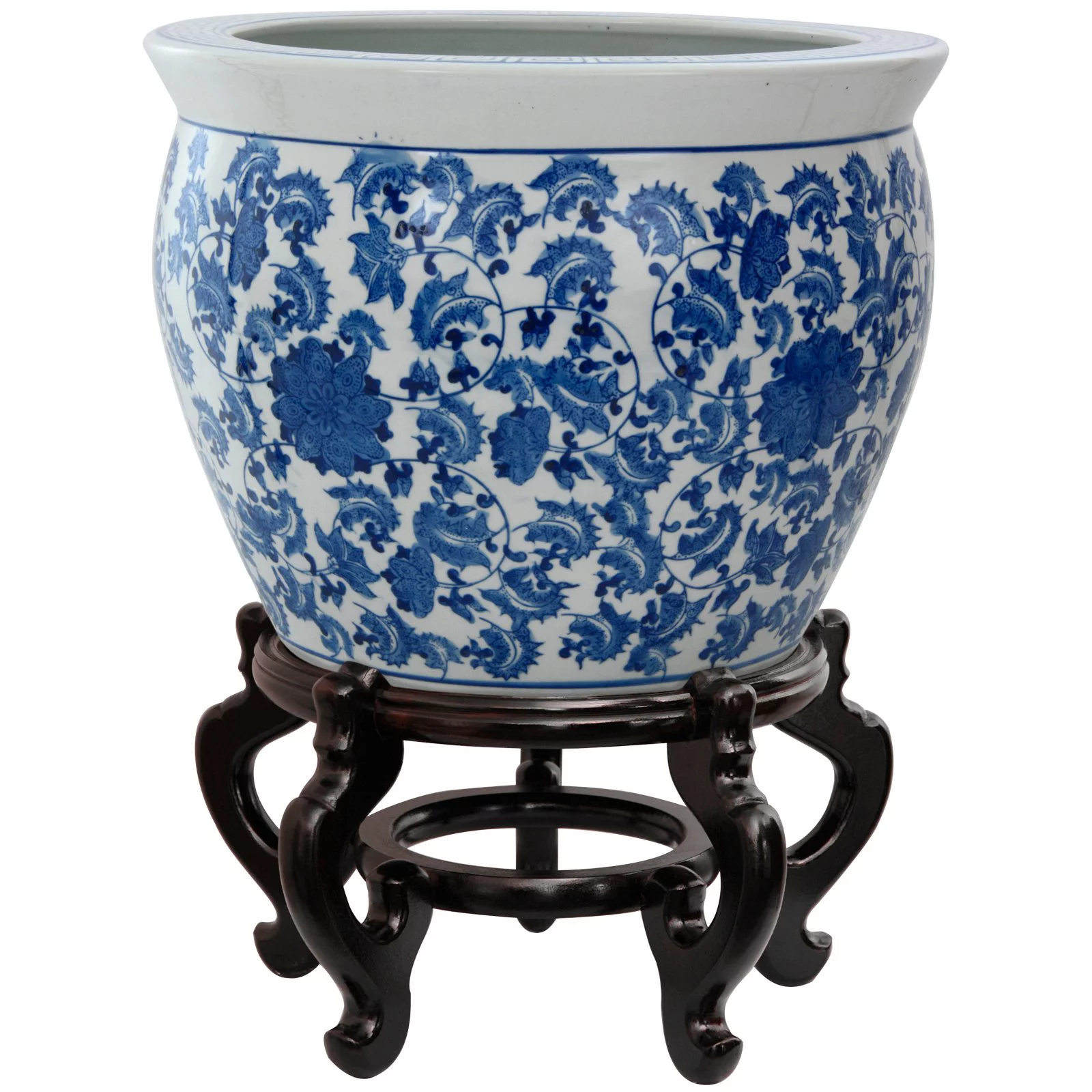 Oriental Furniture 14" Floral Blue & White Porcelain Fishbowl