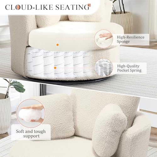 Chair and A Half with Ottoman, 360° Swivel Accent Barrel Chair Modern Comfy Round Reading Sofa Swivel Chairs Circle Lounge Chair for Bedroom Living Room w/4 Pillow Lower Seating Heigh (White, Large)