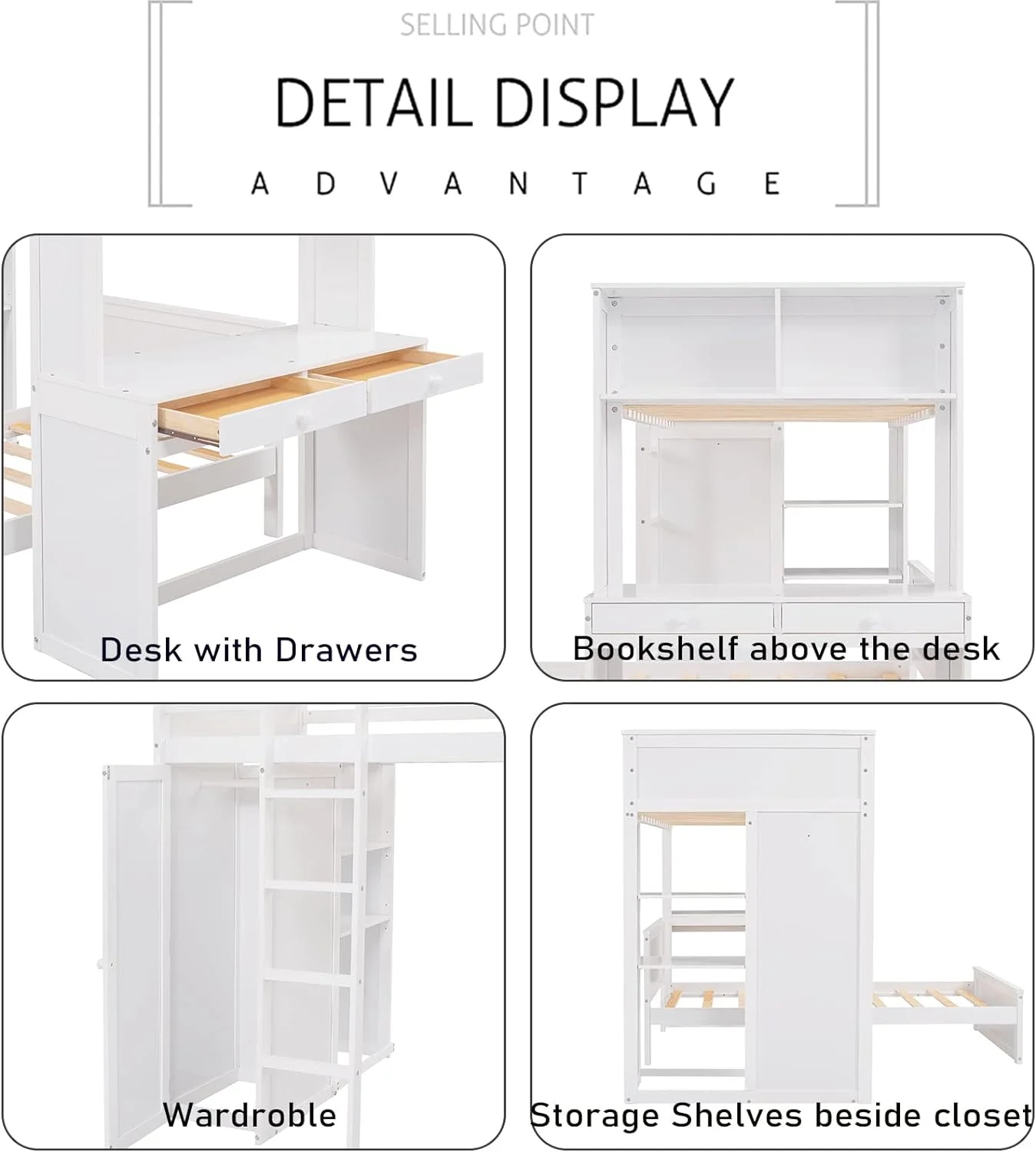 Over Bunk Beds With Desk And Drawers, Wooden Size Loft Bed Removable Wardrobe Shelves Storage Ladder Guardrails For Kids White