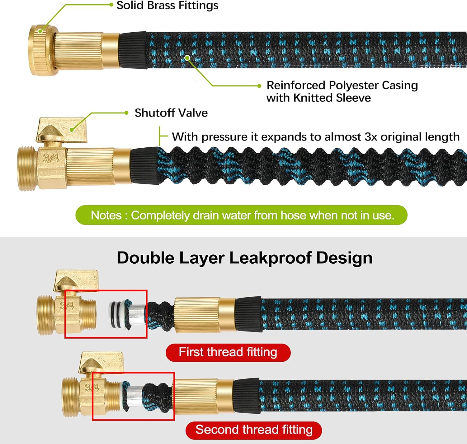 Casia Expandable Garden Hose,Flexible Water Hoses 10 Function Spray Nozzle and Durable 3-Layers Latex,Extra Strength 3750D Gardening Hose with 3/4" Solid Brass Fittings,Easy Storage Water Hoses（100FT） Pack of 2