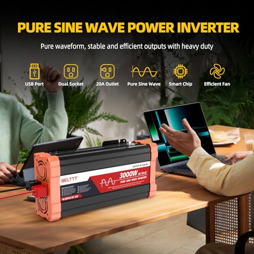 BELTTT 2000W Pure Sine Wave Inverter, Car Power Inverter 12V to 120V AC Converter for RV, Truck, Solar, Outdoor with Dual AC and 20A Socket, 5V 2.1A USB, Surge 4000W, Hardwire Port, Remote Controller
