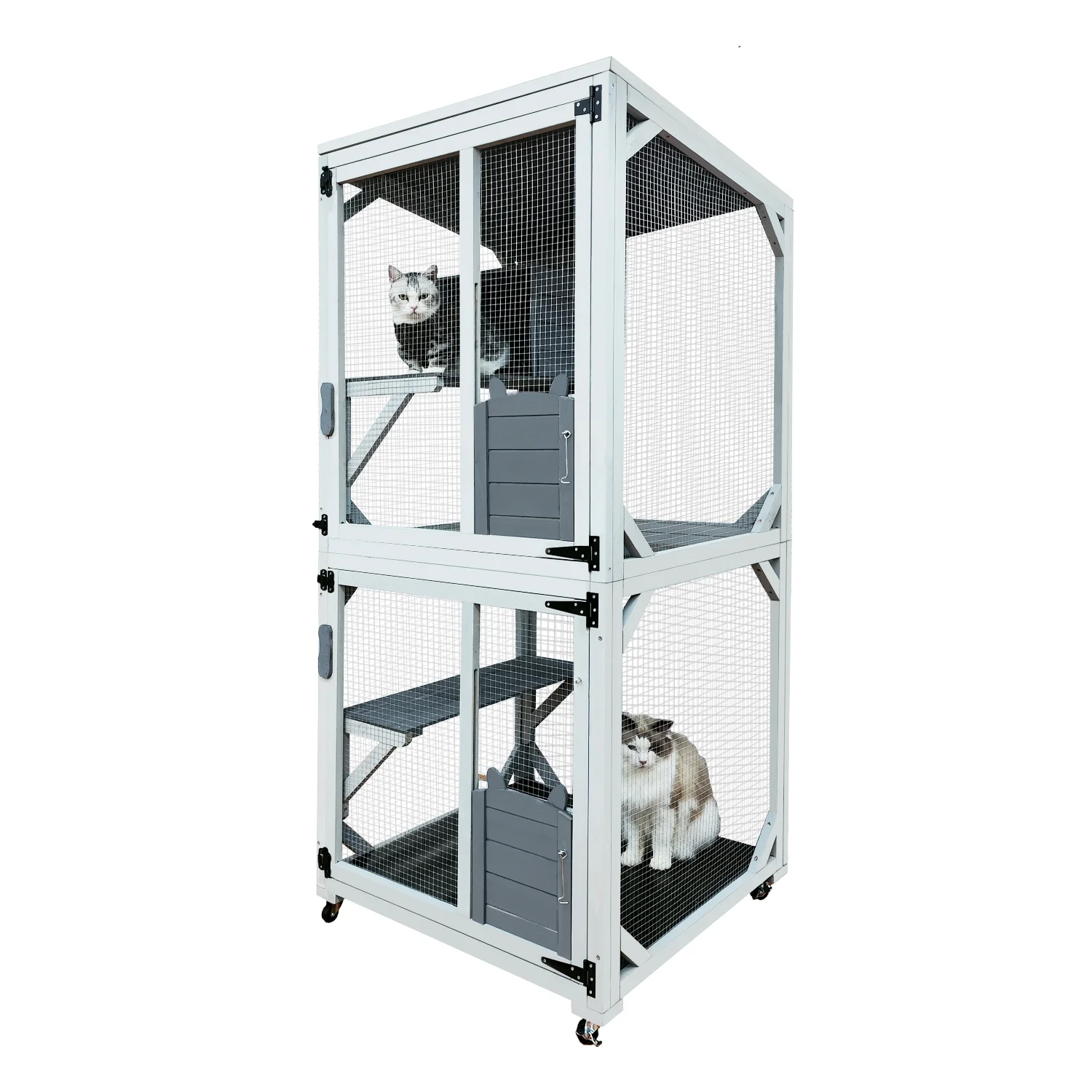 Wooden Catio Outdoor Cat Enclosure, 71 Inch Luxury Cat House on Wheels with Napping House, 4 Platforms & Weatherproof Asphalt Roof, Large Kitty Cat Condo Cage Shelter Playpen with Sliding Doors