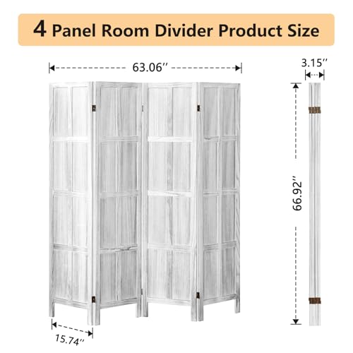 Wood Room Divider 4 Panel, 5.6 FT Tall Room Divider and Folding Privacy Screen, Partition Divider for Room Separation, Wooden Wall Divider Screen for Home Office Bedroom (Retro White)