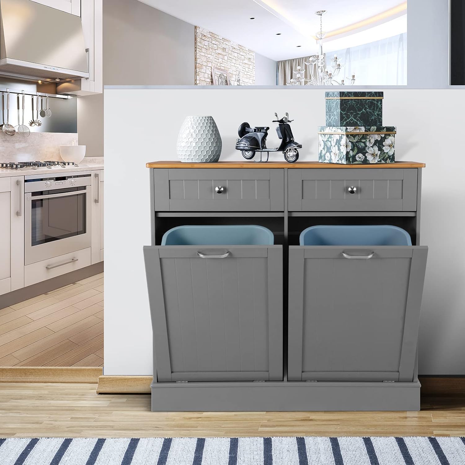 UEV Double Kitchen Trash Cabinets,Two Tilt Out Trash Cabinets with Solid Hideaway Drawers,Free Standing Wooden Kitchen Trash Can Recycling Cabinet Trash Can Holder (White)