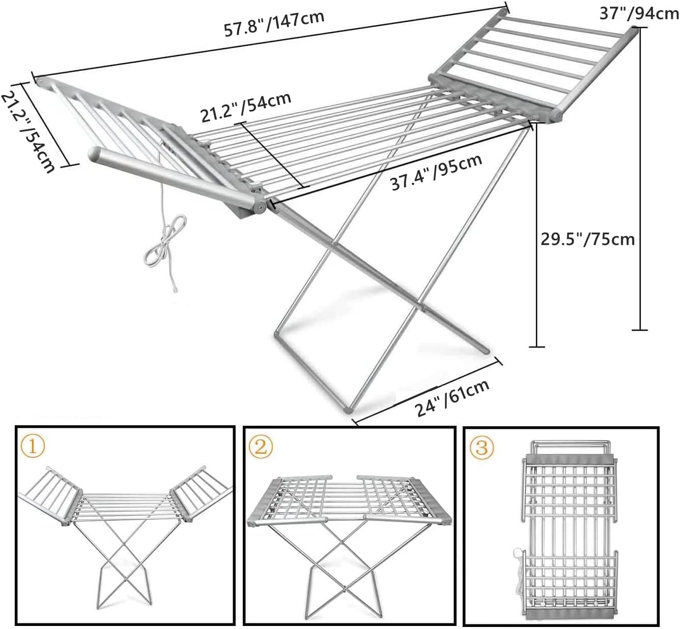 Heated Clothes Drying Rack, Folding Electric Clothes Drying Rack, Collapsible Laundry Drying Rack, Free-Standing Heating Garment Dryer Towel Rail Space Saving for Home Indoor/Outdoor