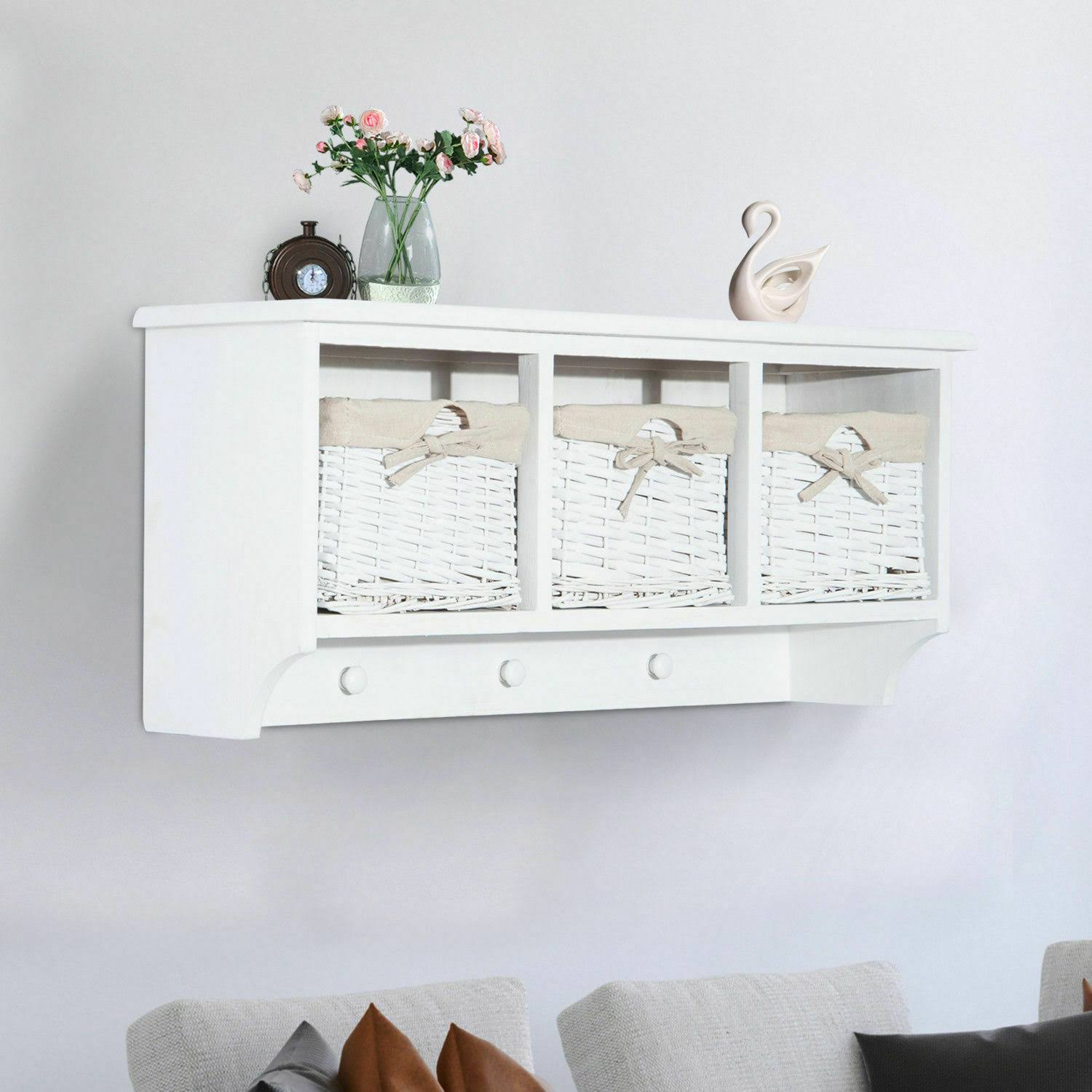 HOMCOM 31x22 Entryway Wall Mounted Cabinet Coat Rack Shelf Storage with Hooks u0026 Baskets