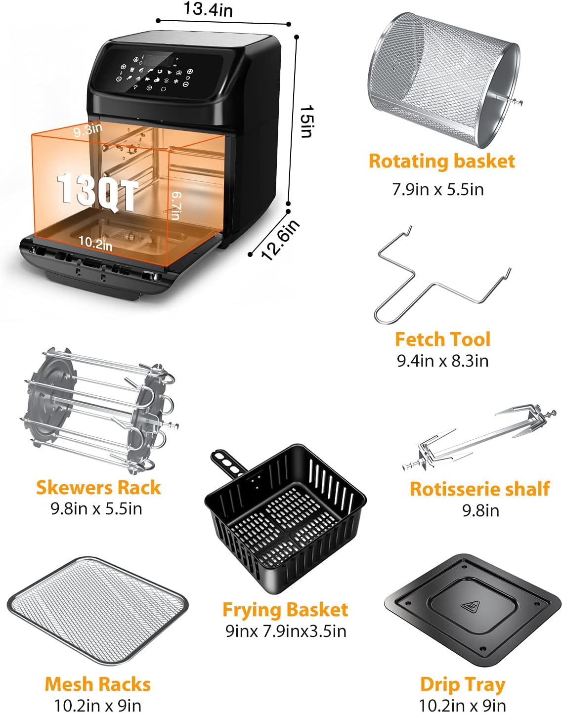 Air Fryer, 12 L (12.7 qt) Air fryer Oven with Rotisserie Function, 10 in 1 Electric Hot Oven with 8 Cooking Accessories and Recipe, 1700W Air Fryer Toaster Oven with 9 Presets, Preheat & Defrost