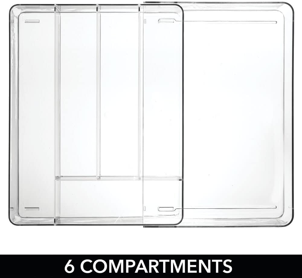 mDesign Adjustable, Expandable Plastic Kitchen Cabinet Drawer Storage Organizer Tray - for Storing Organizing Cutlery, Spoons, Cooking Utensils, Gadgets - Clear