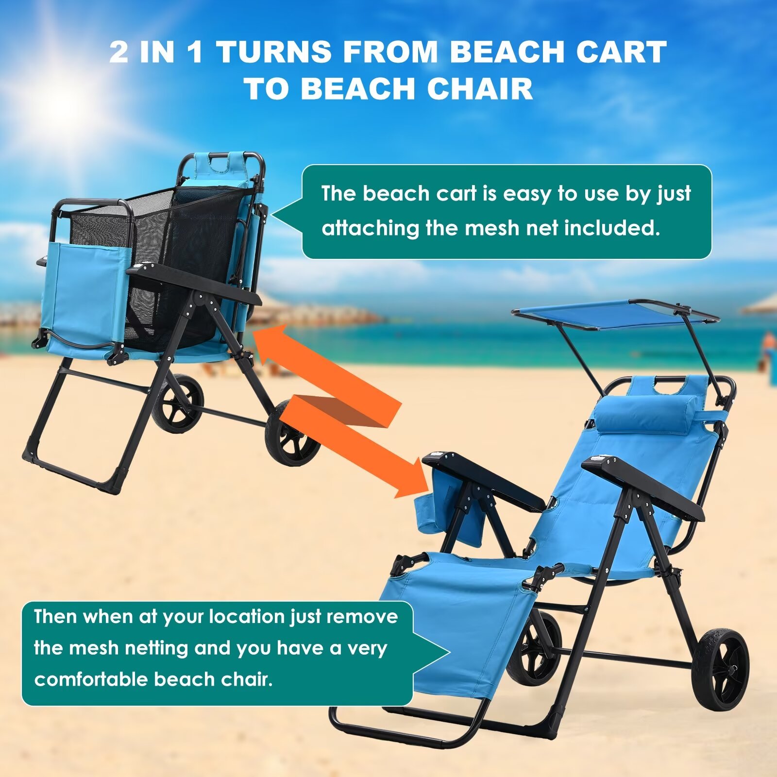 MOPHOTO Canopy Beach Chair Support 300bls, 2 in 1 Beach Cart Chair with Large Wheels, Outdoor Sunbathing Folding Beach Tanning Chair Sun Chair with Shade, Perfect for Beach, Backyard, Pool