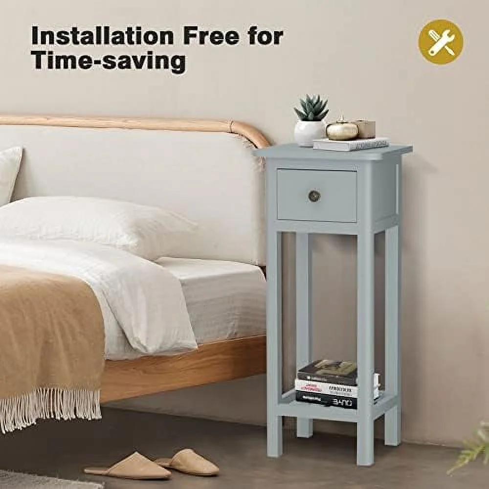 HJZBNONE Narrow Side Table  Small End Table for Small Spaces  Farmhouse Acacia Wood Slim Side Table  Small Bedside Tables Thin Nightstand w/Drawer &amp; Open   No Assembly Required  14 x