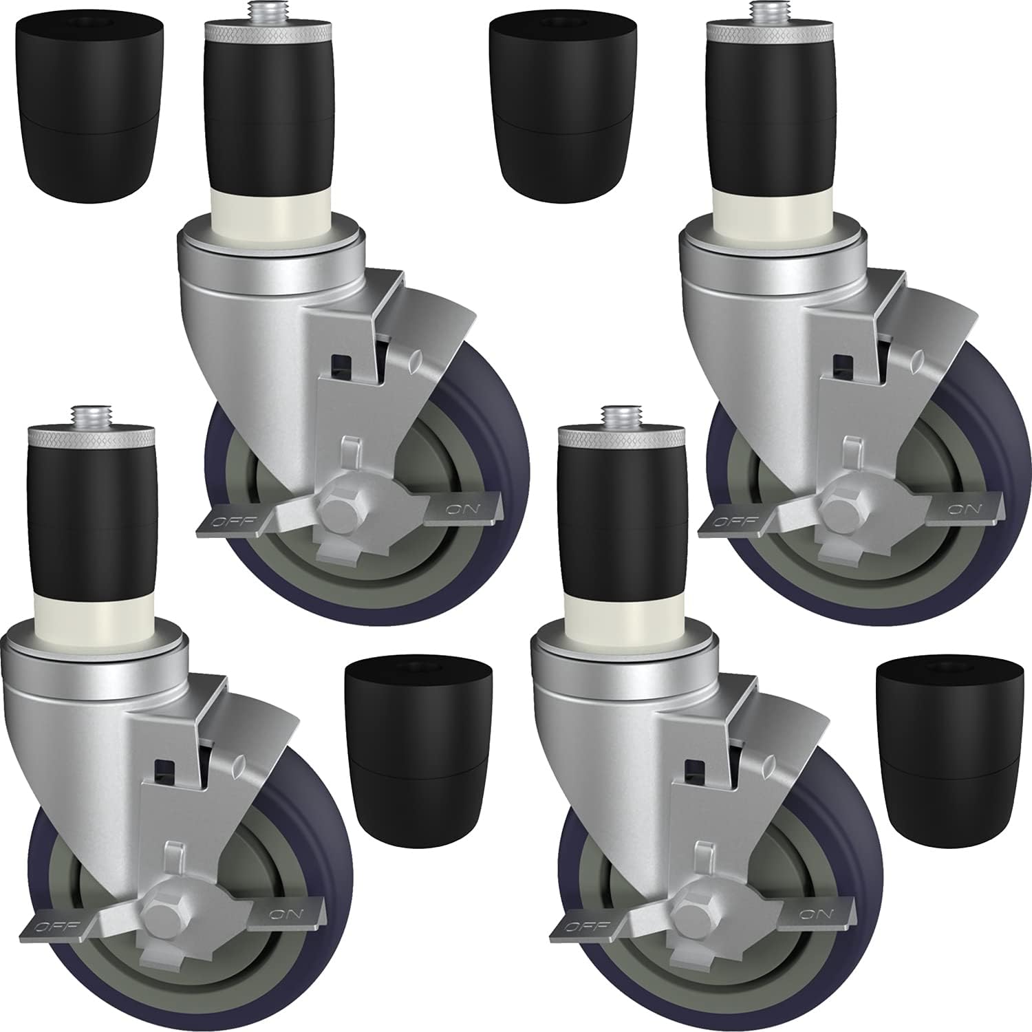 MySit 4 inch Work Table Caster Wheels for Commercial Kitchen Prep Tables, Expanding Stem Casters Set of 4 with Locking Brakes Fit Both 1-1/2 and 1-5/8 Leg Tube Adapter for Stainless Steel Worktable