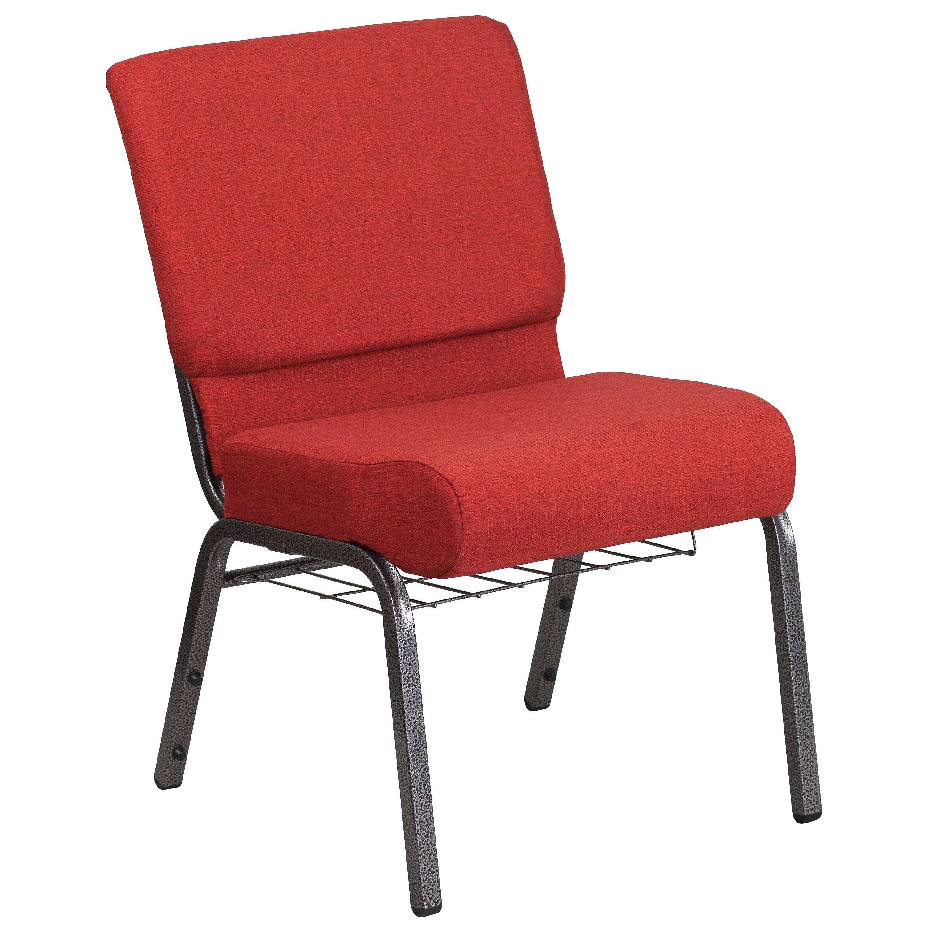 Flash Furniture Hercules Crimson Fabric Silver Vein Frame Church Chair with Cup Book Rack