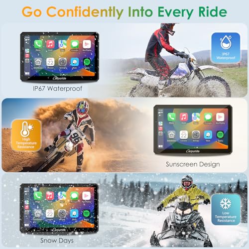 Carpuride W712D Motorcycle Carplay Screen with HD 1080 Dual Dash Cam, Wireless Car Play and Android Auto, 7" Waterproof Rotatable Navigation Touchscreen, Loop Recording, Bluetooth, Wired Controller