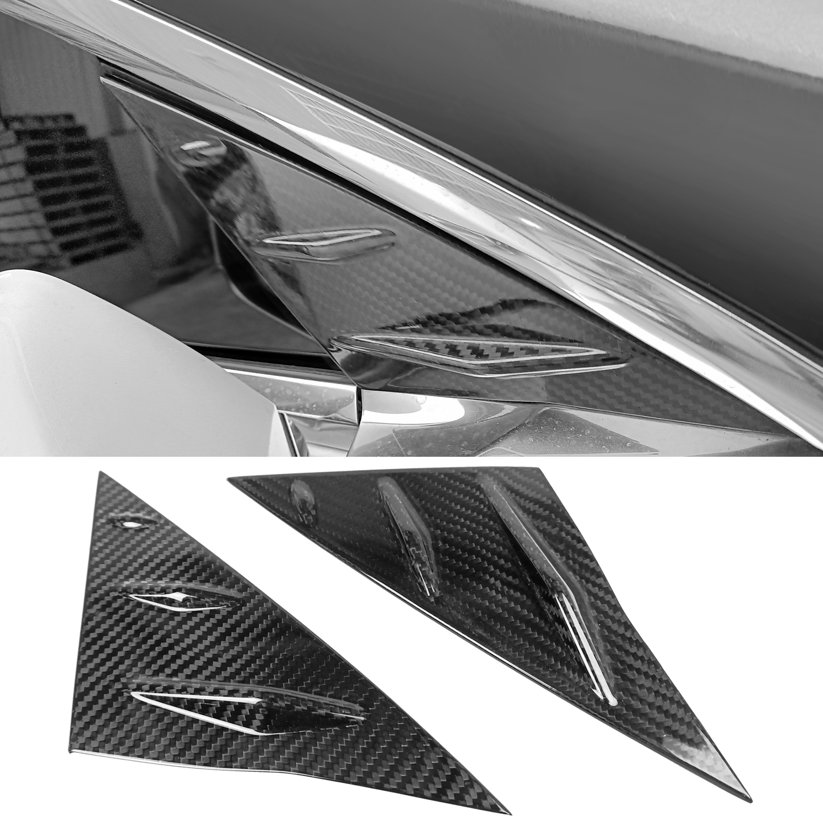 Ikon Motorsports Front Window Louver Compatible With 2017-2023 Tesla Model 3, Side 1/4 Scoop Cover Real Carbon Fiber Windshield Vent Panel Air Vent Trim 2PCS
