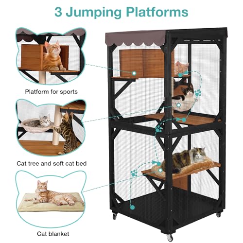 Catio Outdoor Cat Enclosure,Cat House with Wheels,Upgraded cat Scratching Post，Resting Box,Waterproof Roof for Patio Garden (Grey, 31.5" L x 31.5" W x 70.9" H)