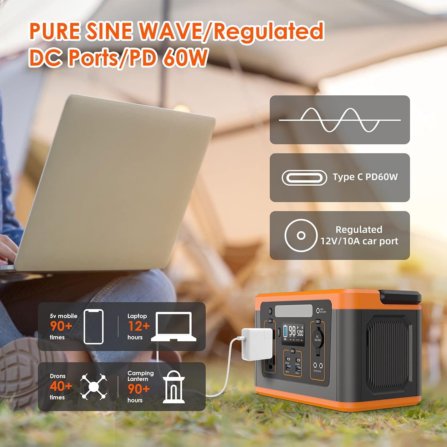 ALLWEI Portable Power Station, 280Wh Backup Lithium Battery, Regulated DC for mini Cooler, USB-C PD60W, 300W Pure Sine Wave AC Outlet Solar Power Generator for Outdoors Camping Travel Emergency