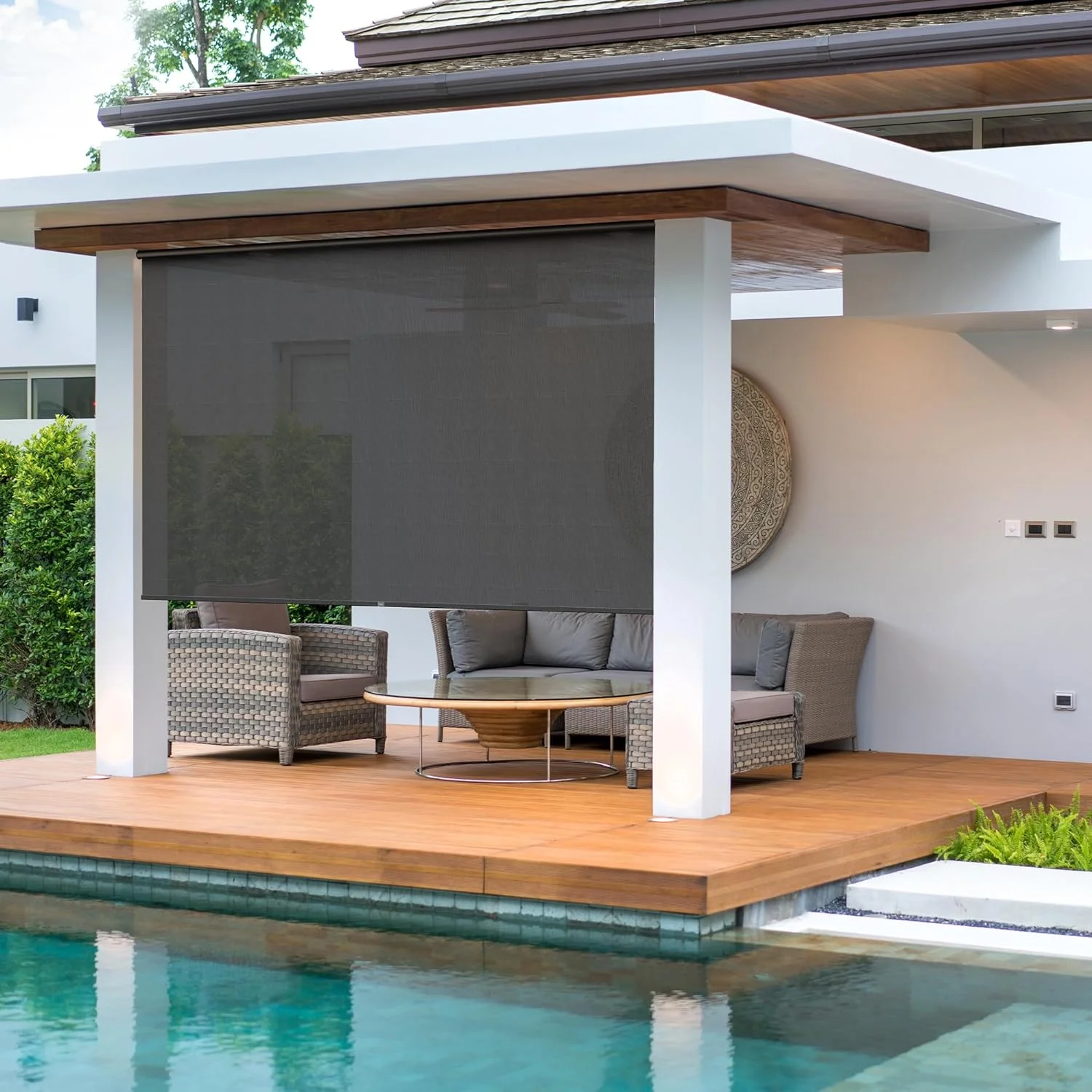CozyHom Outdoor Roller Shades, 420GSM 95% Blackout Cordless Patio Roller Blinds with Pole, 6'Wx8'H Waterproof Blinds Roll Up for Gazebo Porch, Deck, Pergola, Black