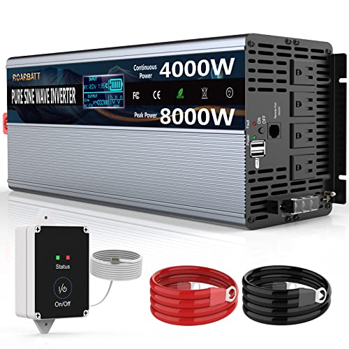 Pure Sine Wave Power Inverter 12V DC to AC 110V 120V Peak Power with Remote Control 4 AC Outlets,Dual USB Port,LED Display AC Terminal Blocks for Power Inverter Truck RV Car Solar System