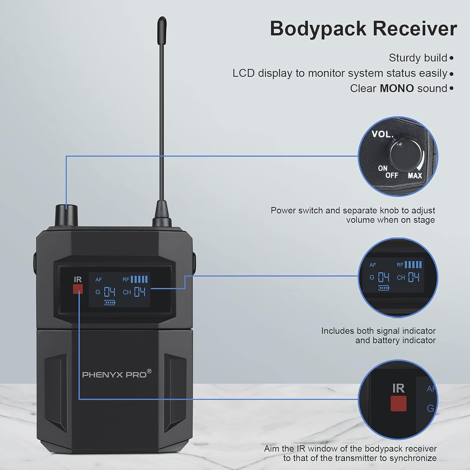 Phenyx Pro UHF Mono Dual Wireless in-Ear Audio Monitor System, Metal Transmitter, Sturdy Bodypack Receiver, 2x50 Frequencies, Separate Outputs, 164ft Operation, Ideal for Band and Studio (PTM-22)