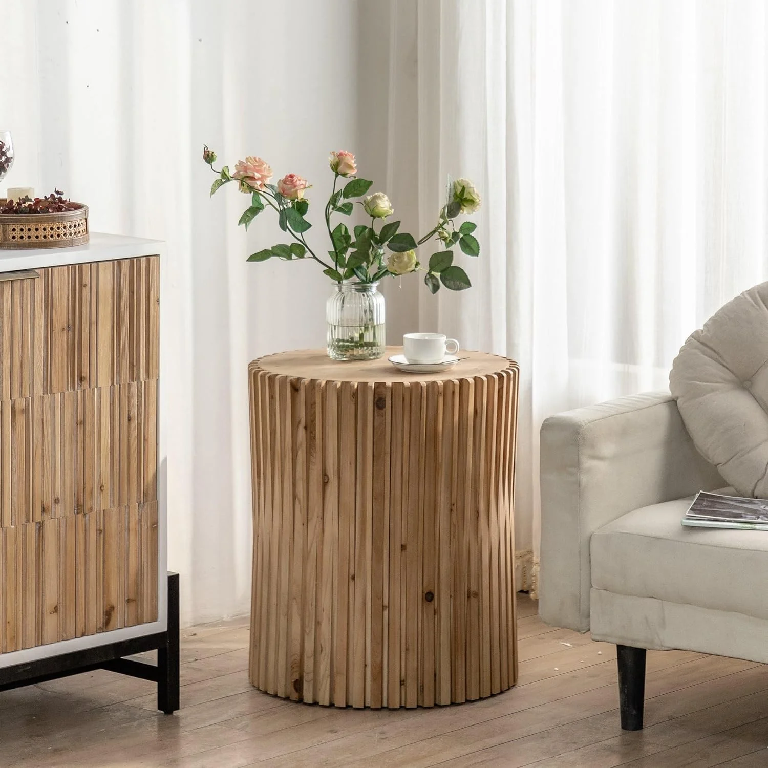 KBANZIBIU Unique and Retro Design Wood   Natural Wood   Round Wood Coffee Table  Drum Coffee Table  Tree Stump Coffee Table  Natural Wood  with  for Living Room