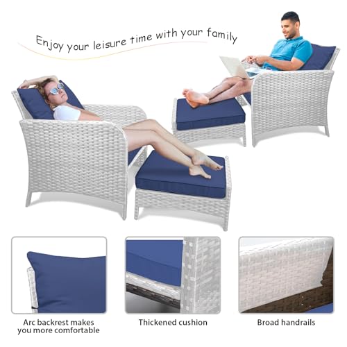 LEVELEVE Balcony Furniture 5 Piece Patio Conversation Set, PE Wicker Rattan Outdoor Lounge Chairs with Soft Cushions 2 Ottoman&Glass Table for Porch, Lawn-Brown Wicker