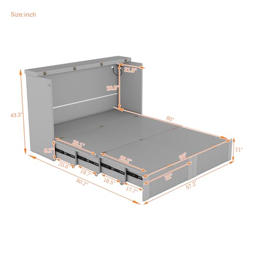 Full Size Murphy Bed Wall Bed with Storage Drawers, Wood Murphy Bed Chest with A Set of Sockets & USB Ports, Pulley Structure Design, Foldable Platform Bed for Home Office Small Room (Gray-74Q)