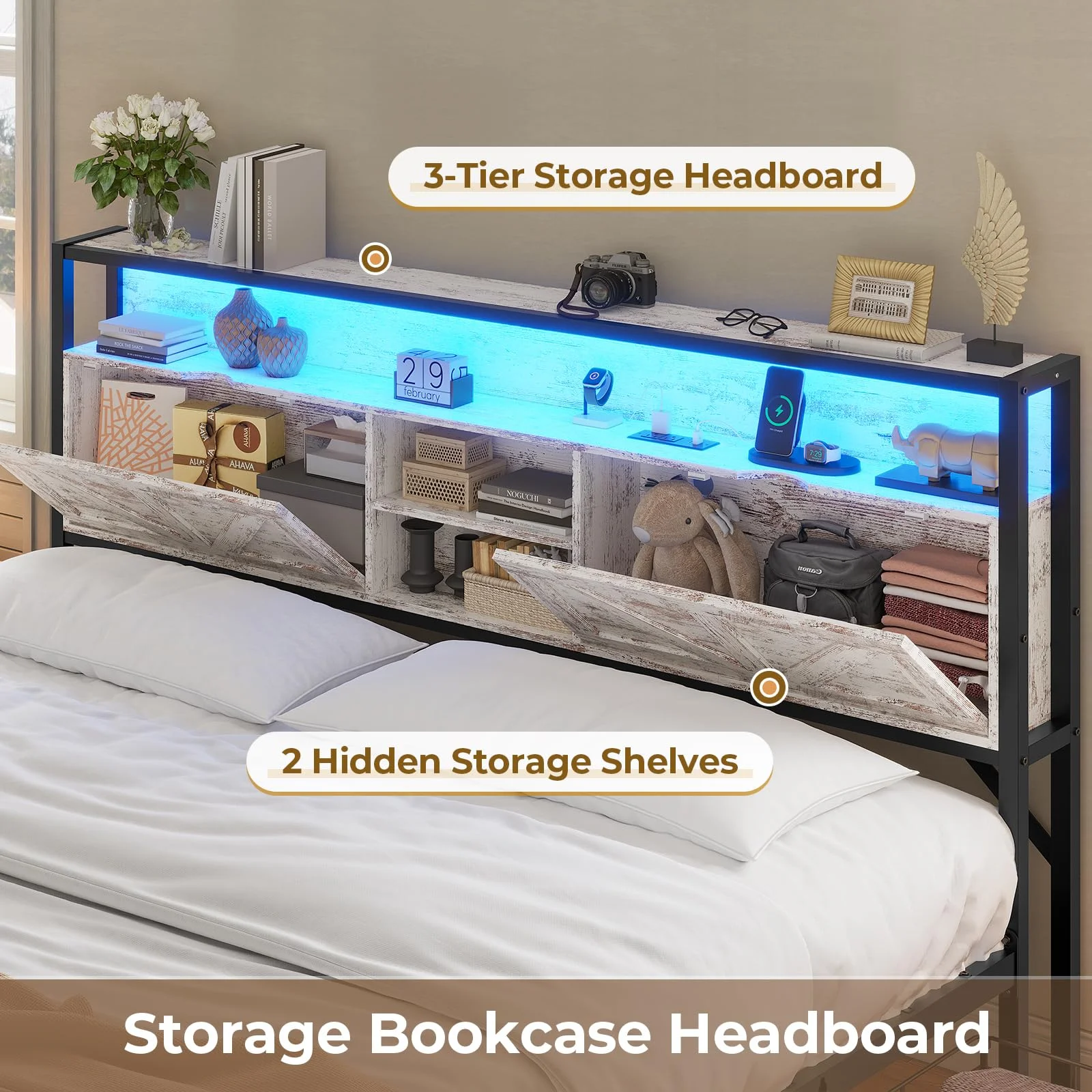 Queen LED Bed Frame with Charging Station and 4 Drawers, Metal Platform Bed Frame with Hidden Storage Headboard, No Box Spring Needed, Old White - Curated Treasures Market