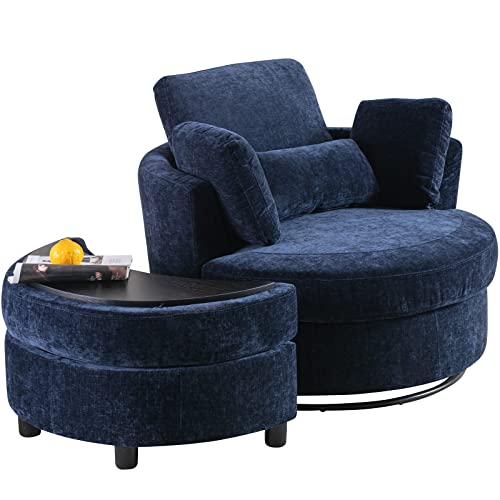 Chair and A Half with Ottoman, 360° Swivel Accent Barrel Chair Modern Comfy Round Reading Sofa Swivel Chairs Circle Lounge Chair for Bedroom Living Room w/4 Pillow Lower Seating Heigh (White, Large)
