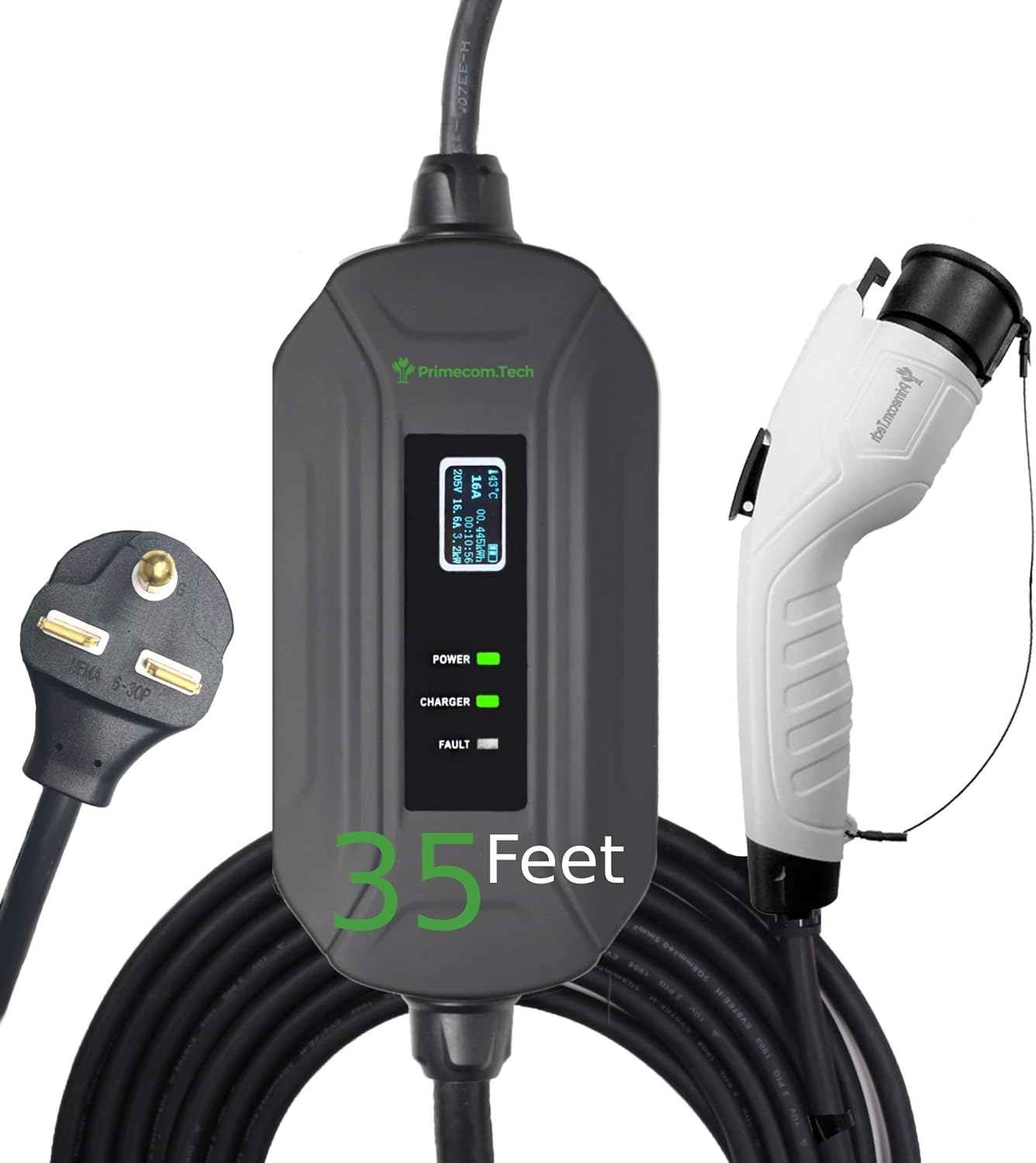 PRIMECOM Level 2 Electric Vehicle (EV) Charger (220V / 240Volt, 16Amp) Portable EVSE Smart Electric Car Charger, 30', 40', and 50 Feet Lengths (European, 35 Feet)