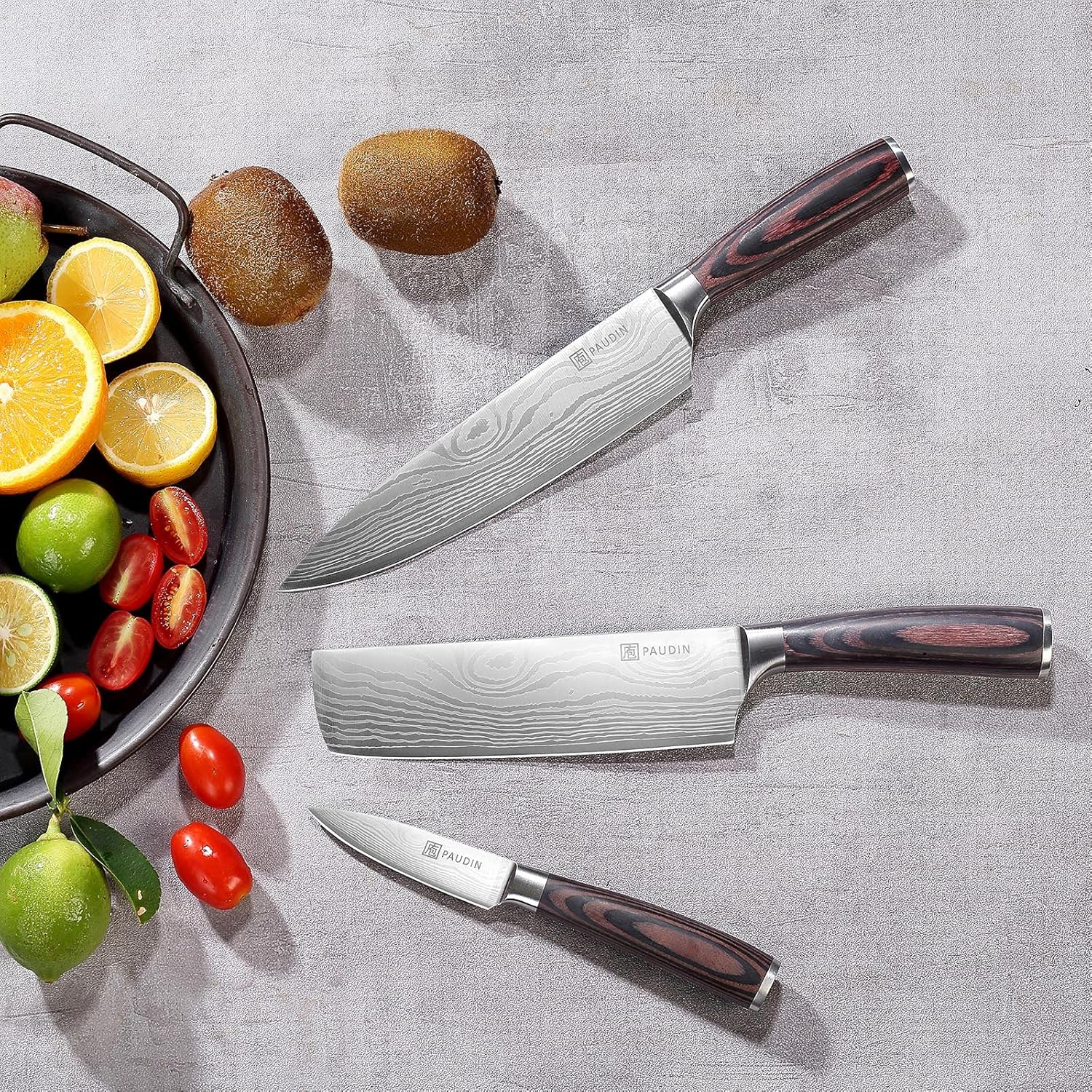 PAUDIN Kitchen Knife Set, Professional Chef Knife Set with Ultra Sharp Blade & Wooden Handle, 3 Pieces German High Carbon Stainless Steel Knife Set