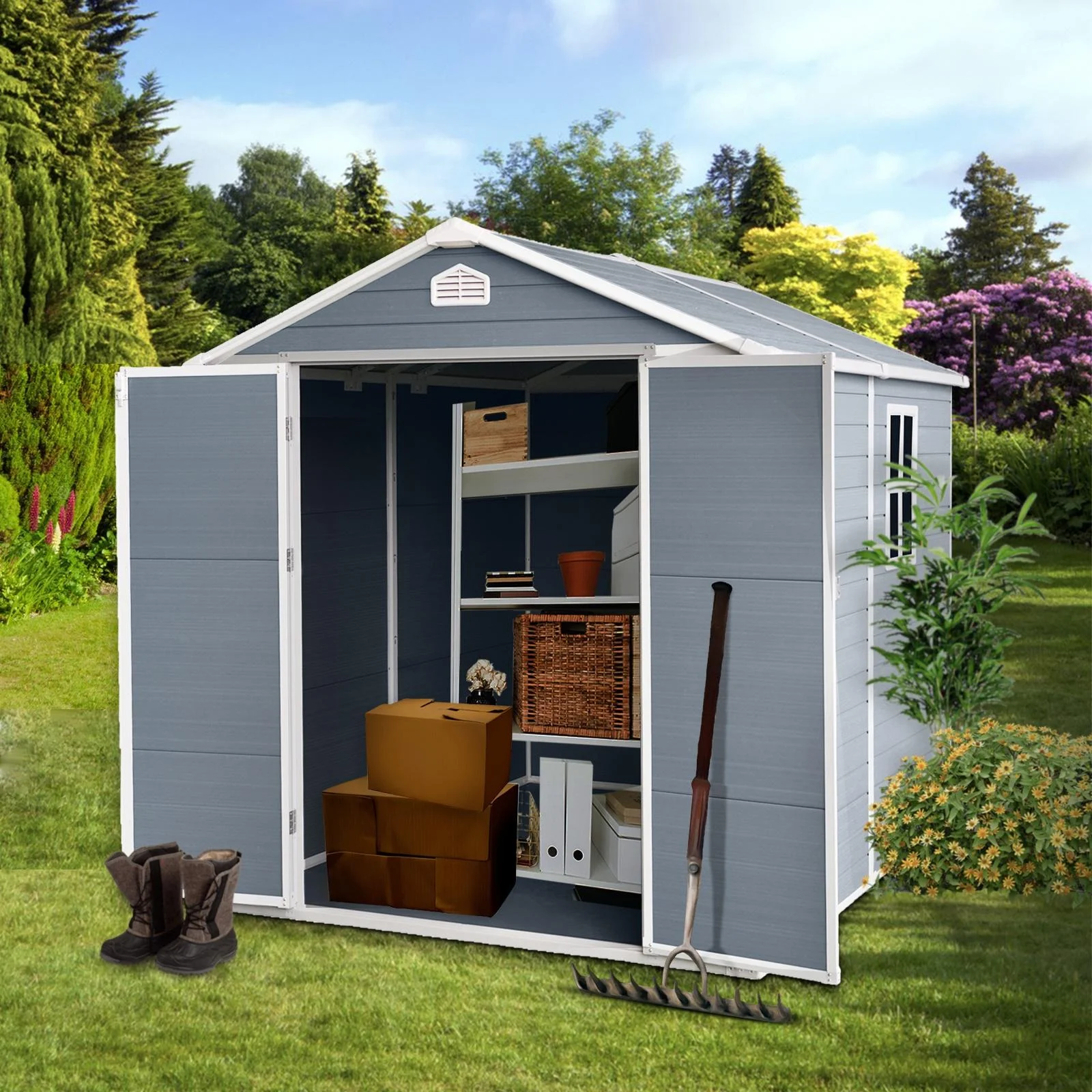 8' x 6' Outdoor Resin Storage Shed, Backyard Plastic Sheds with Reinforced Floor, Lockable Door, Garage Patio Garden Storage Shed, Gray