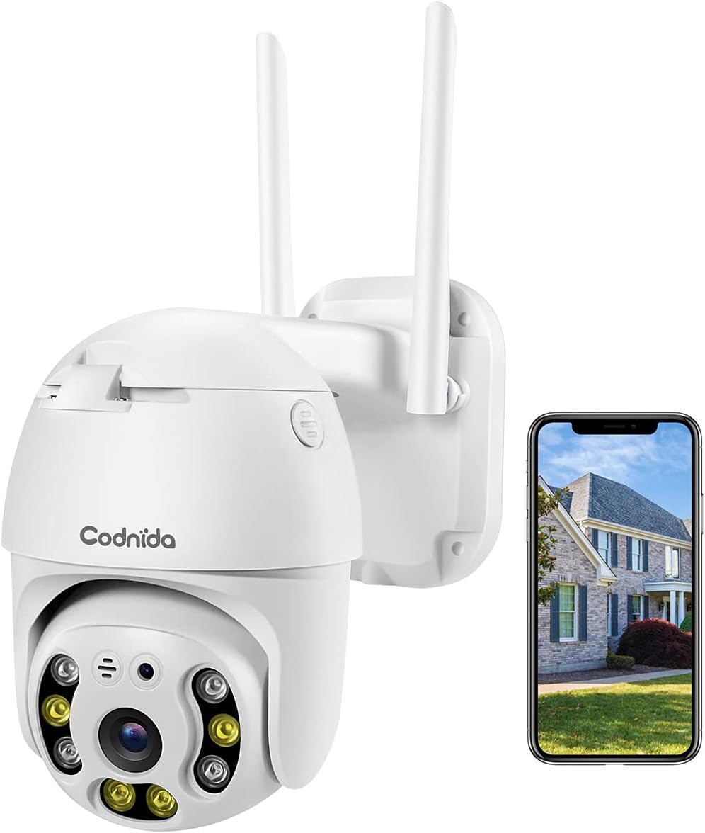 Security Camera Outdoor, Codnida Pan Tilt Wireless WiFi Security Camera 360&deg; View, 1080P PTZ Dome Home Surveillance Camera with Motion Detection, 2-Way Audio, Color Night Vision, Weatherproof