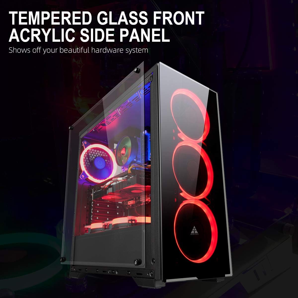 GOLDEN FIELD N17 Computer Case with 3 LED Red Fans PC Gaming ATX Case Acrylic Side Panel Pack of 2