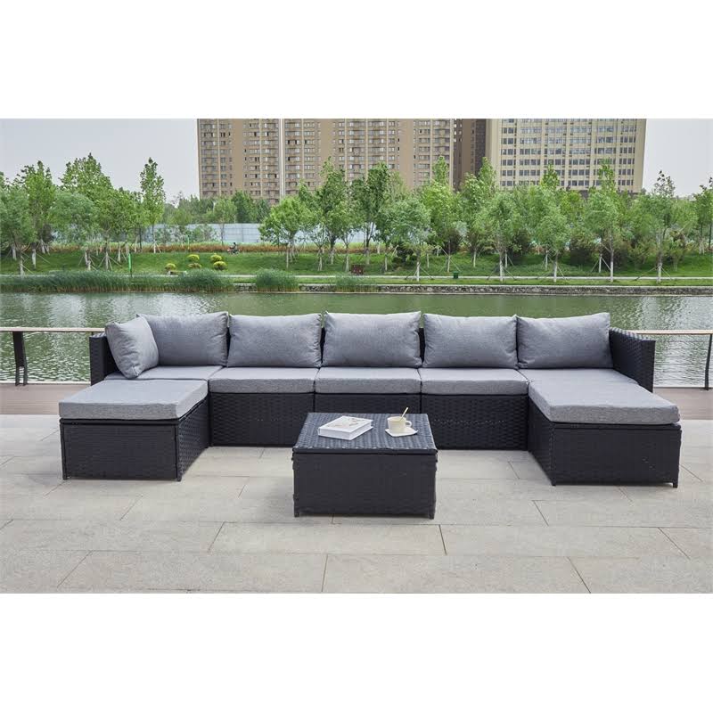 Kingway Furniture Beaufort Grey Wicker/Rattan Sectional with Storage Ottoman - W5008