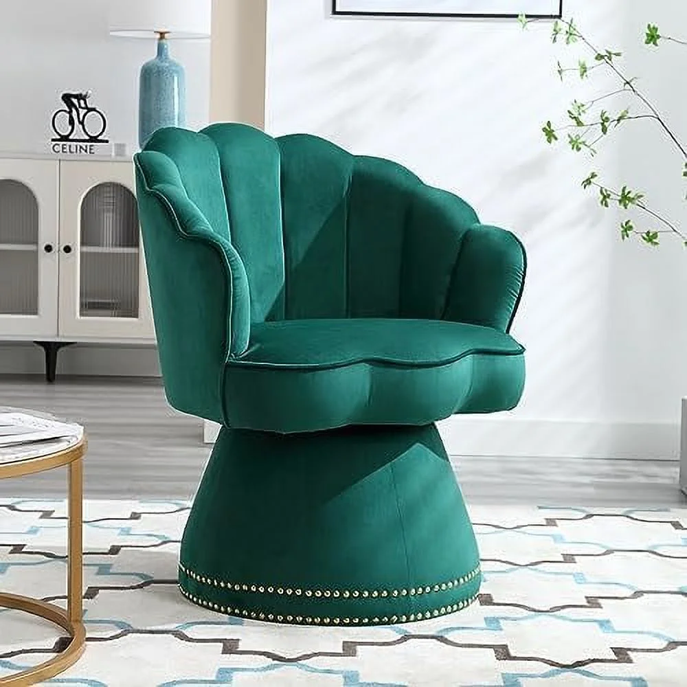 YZboomLife Swivel Accent Chair  Modern Velvet Upholstered -Degree Swivel Barrel Armchair  Small Lounge Arm Chair with Scalloped  for Living Room Bedroom  Emerald Green